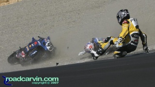 2007 AMA Supersport - Geoff May - Chris Peris Crash: Geoff May #99 and Chris Peris #8 got together in turn 8, this is not the way you want to go down the Corkscrew.